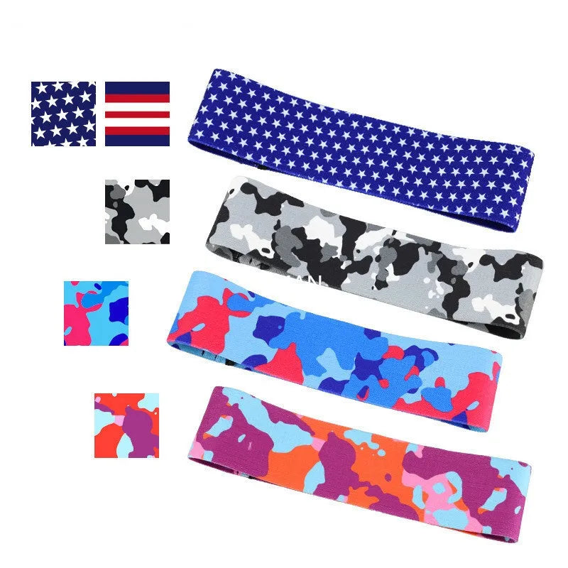 Anti-slip yoga resistance band hip belt in camouflage colours, sizes S 67x8cm, M 78x8cm and L 88x8cm