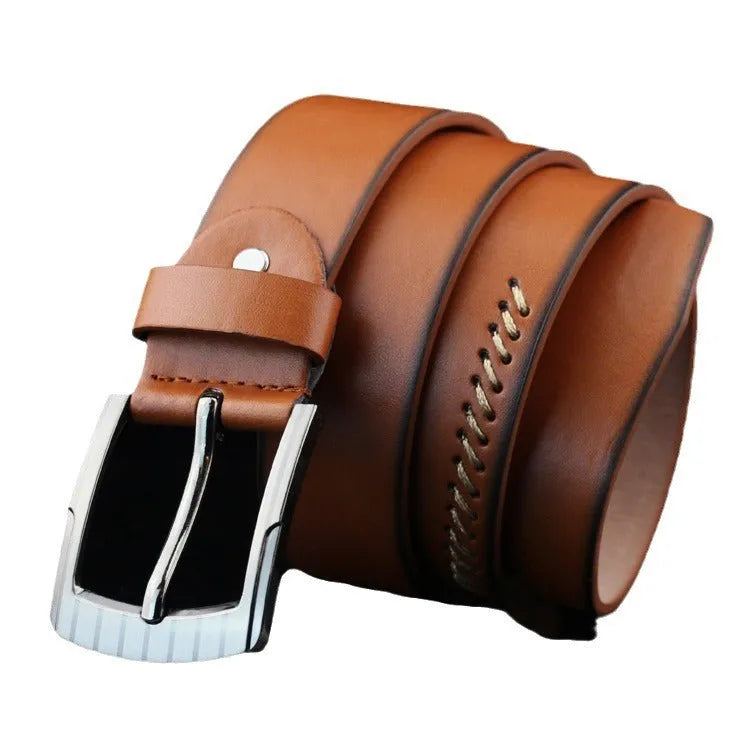 Men's threading pattern pin buckle belt in retro style with alloy fastener