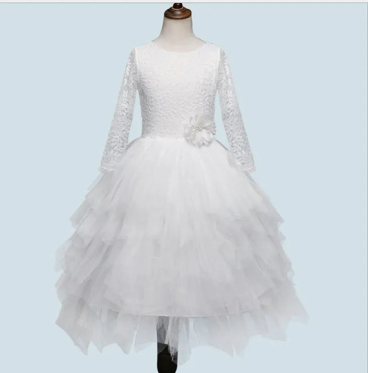 Children's white hollow lace long-sleeved princess dress cotton blend for autumn and winter