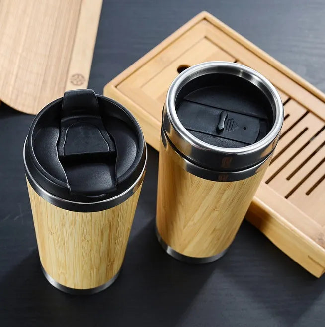 Bamboo insulated coffee cup with stainless steel interior and leak-proof lid, 420ml capacity