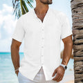 Men's light blue linen cardigan shirt with Henry collar and short sleeves on hanger