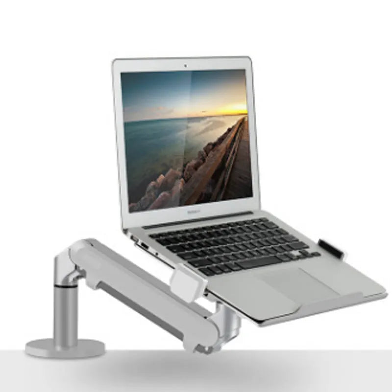 Aluminium alloy laptop stand with an adjustable air pressure arm in black colour on a wooden desk.