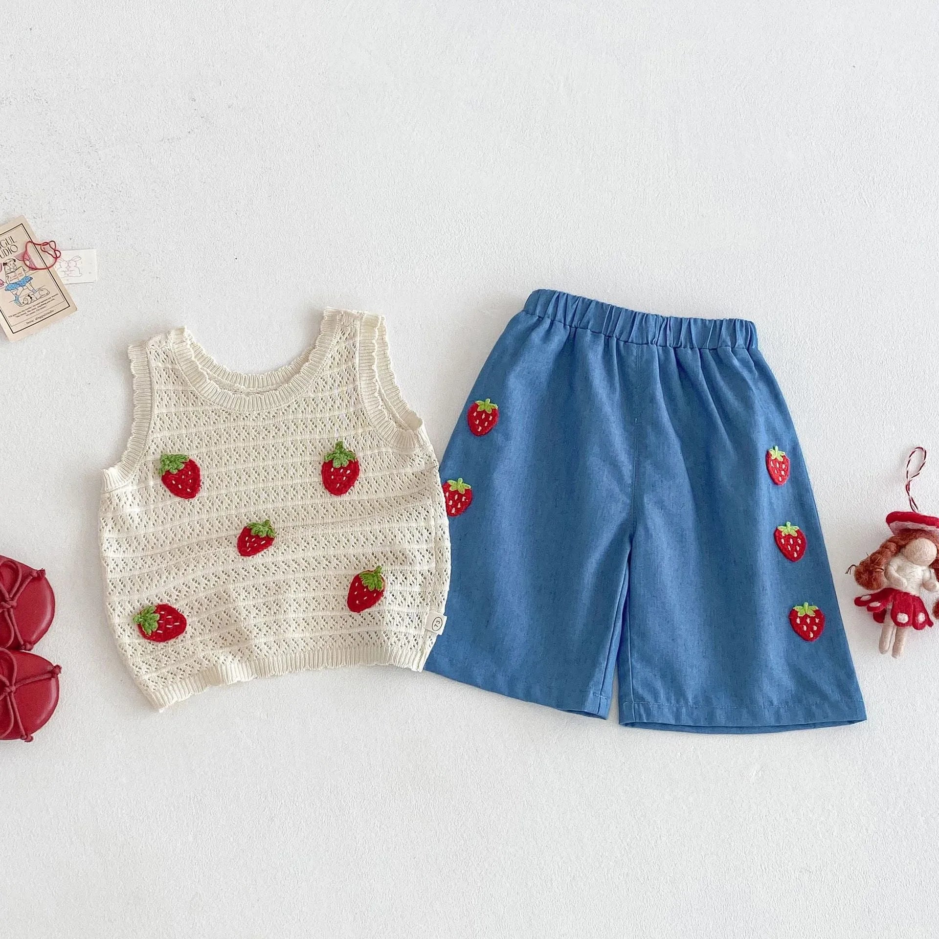 Girls Korean style strawberry patch vest and beige trousers set on child