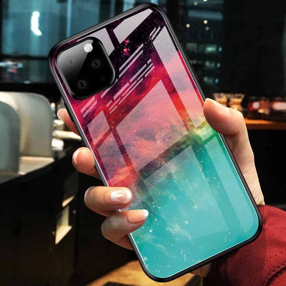 Gradient glass phone case for iPhone in slim 1.5mm TPU and glass construction, black and blue colour