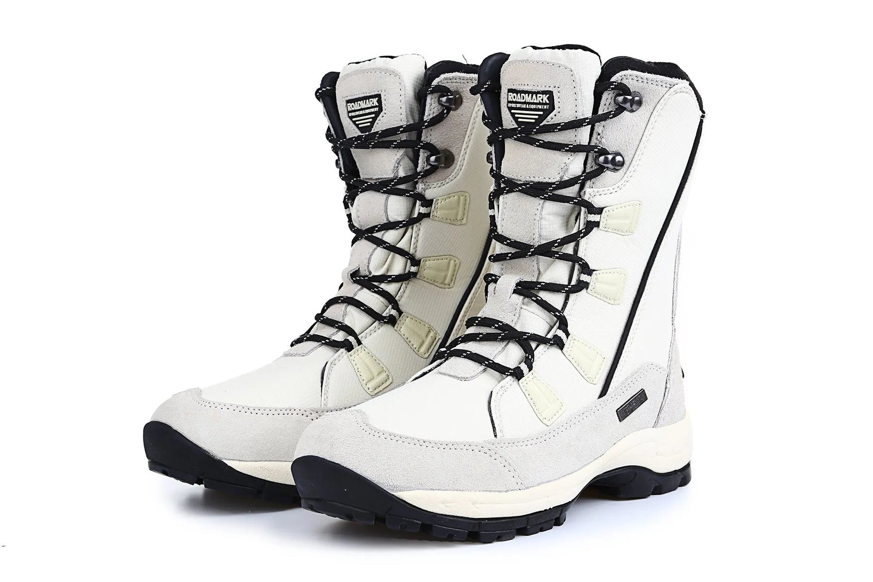 Women's black genuine leather mid-calf snow boots with a rubber sole on a white background.
