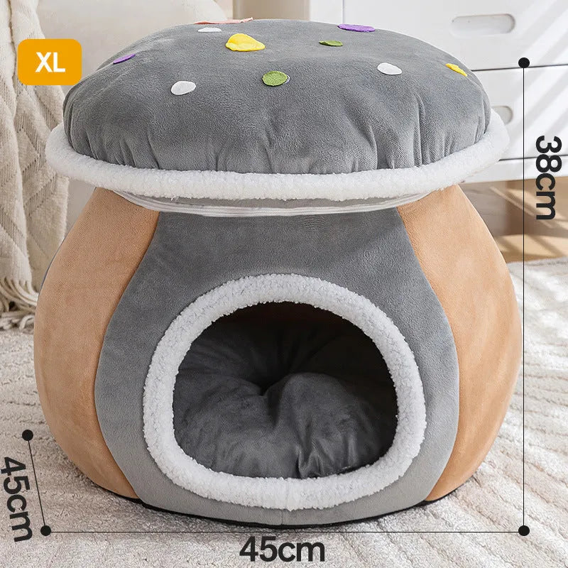 Grey mushroom-shaped plush cat nest bed with a detachable inner blanket, shown with a cat inside.