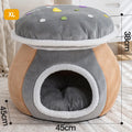 Grey mushroom-shaped plush cat nest bed with a detachable inner blanket, shown with a cat inside.
