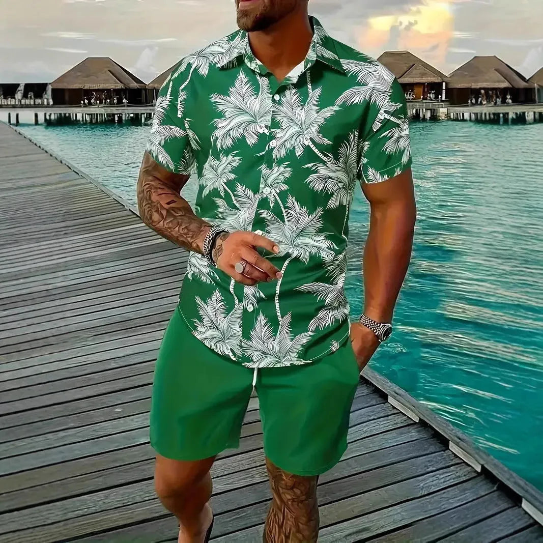 Man wearing a blue Hawaii-themed short sleeve top and matching shorts from a 3D printed leisure suit set.