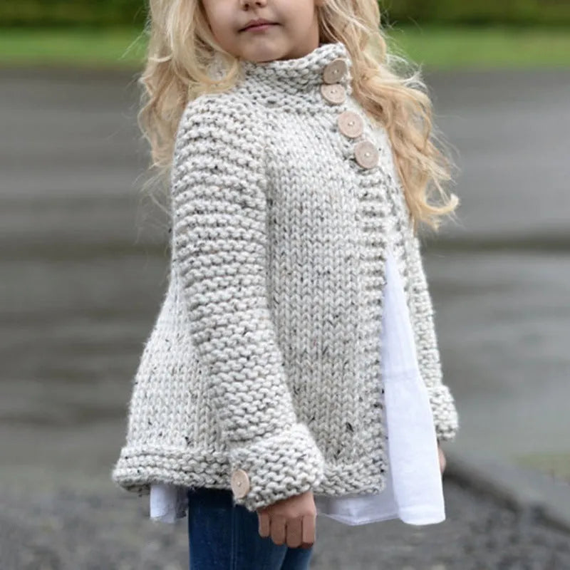 Beige rabbit hair blend girls cardigan sweater coat with long sleeves and single-breasted front