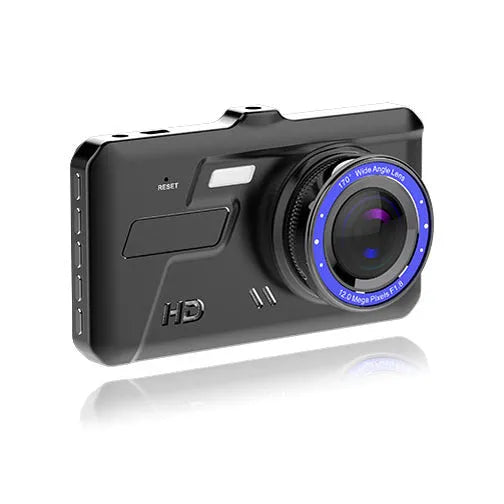 Black car dash cam with 4-inch touch screen and dual lenses for front and rear recording