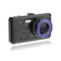 Black car dash cam with 4-inch touch screen and dual lenses for front and rear recording