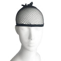 Black elastic wig hair net laid flat showing fine mesh and stitched elastic edge for wig application