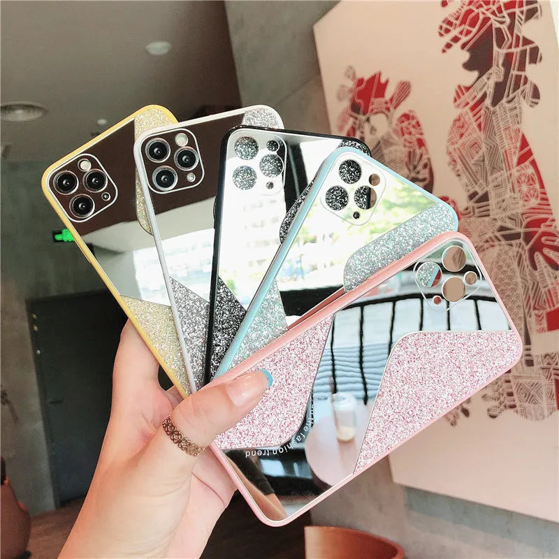 Glitter mirror iPhone case with rhinestone detailing in black, blue or pink colours