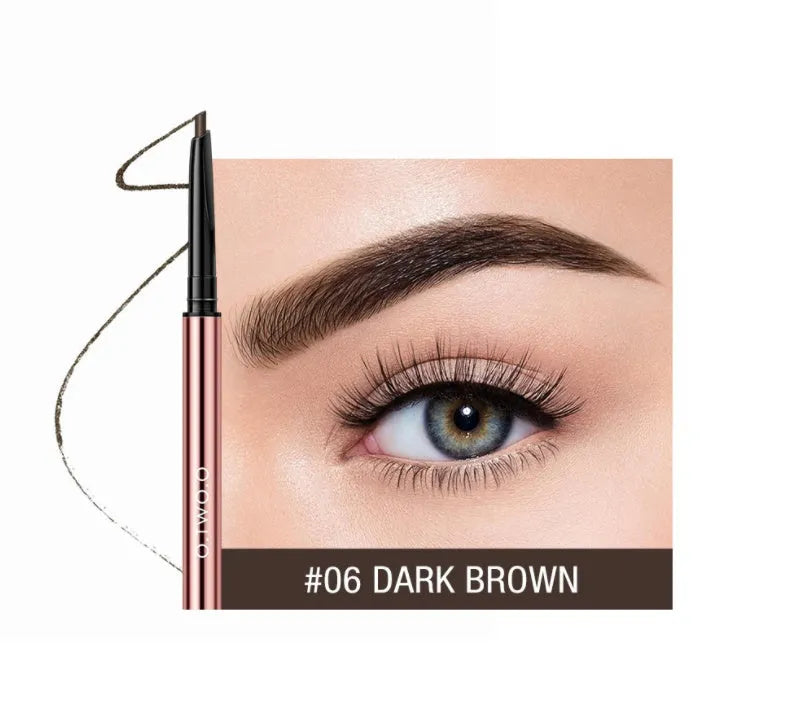 Eyebrow make-up pencil in colour box with six shade options including auburn and taupe.