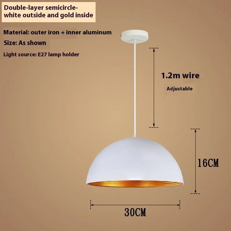 Industrial style pendant light with double-layer semicircle shade in black or white with gold interior, 30cm to 50cm