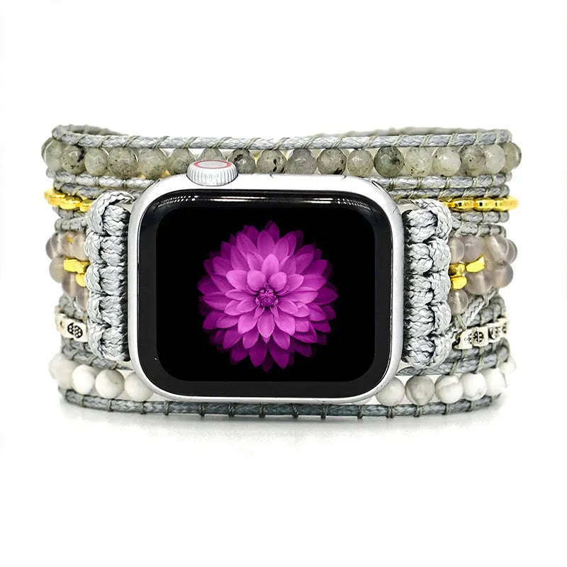 Natural stone beaded crystal watch band with bohemian styling and three adjustment holes for 38-41mm or 42-45mm lug widths