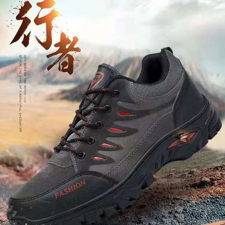 Men's brown suede hiking sneakers with rubber soles and lace-up design