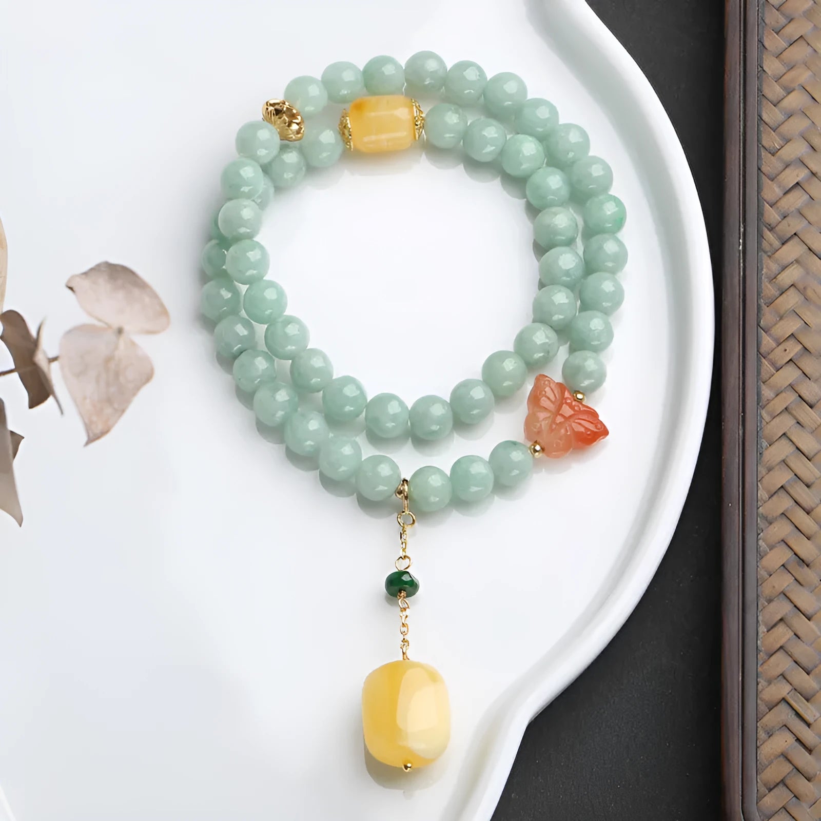 Emerald green double-layer jade bracelet with geometric beeswax barrel beads