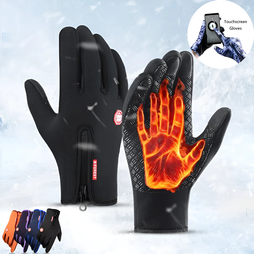 Pair of winter touch screen riding gloves in blue with polar fleece lining and antiskid grip for motorcycle use