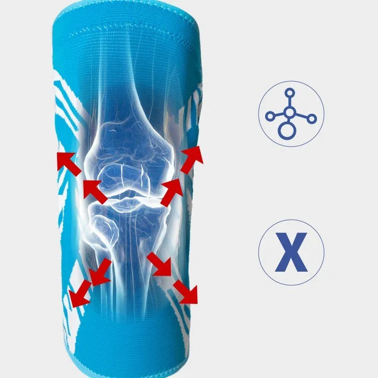 Black and blue basketball knee pads for men showing adjustable sizing options