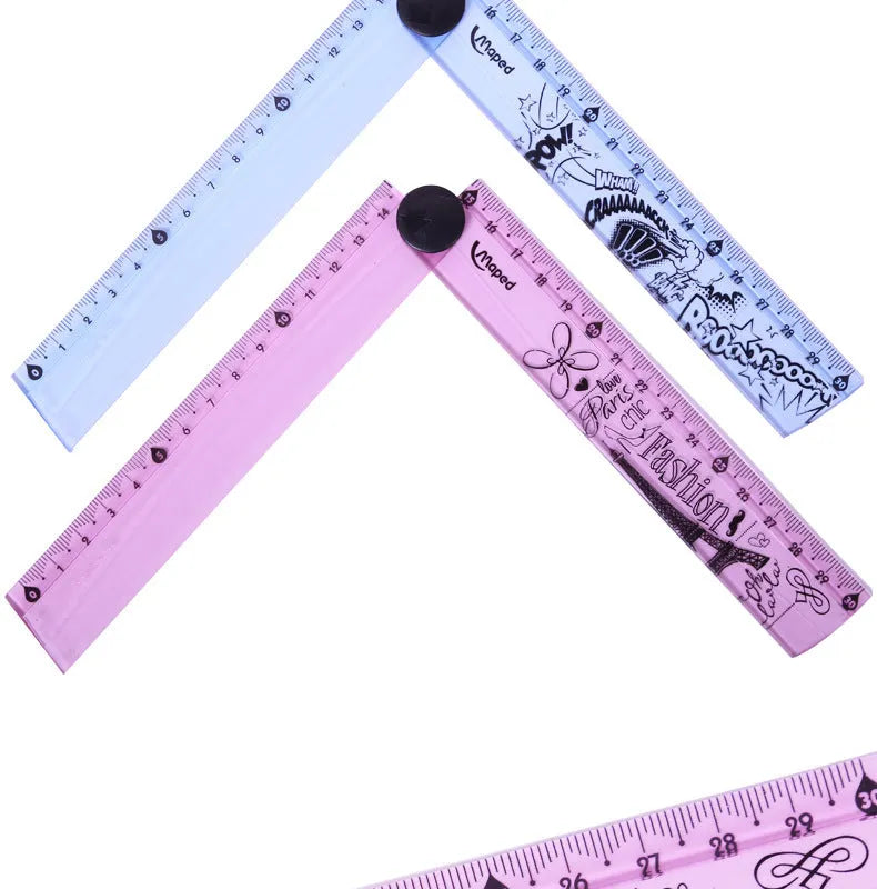 30cm widened rotary folding ruler in blue and pink resin on white background