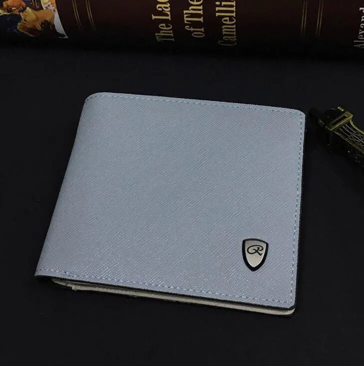 Men's short striped wallet in leather and PU, 11.5cm x 9cm x 0.7cm, no zipper, Black Blue Grey