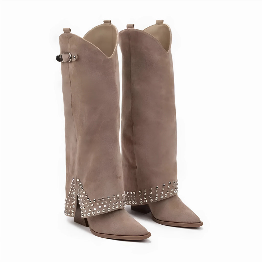 Women's frosted rivet pantyhose boots with oversleeve design in black, apricot and black matte colour options