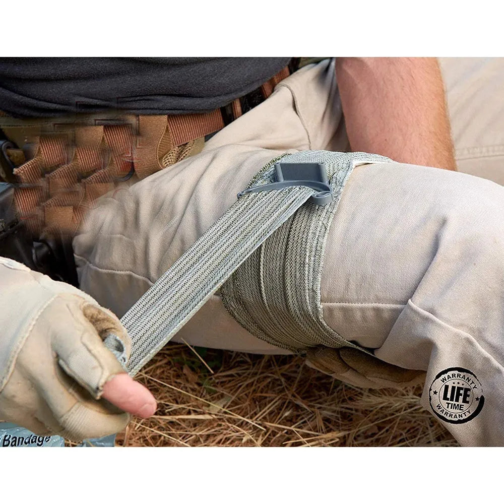 Outdoor hemostatic bandage and tactical gauze tape in 10cm and 15cm sizes laid flat.