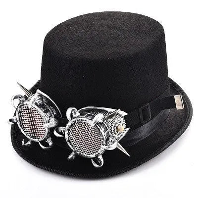 Black steampunk rivet top hat in wool felt with glasses for goth punk and retro costume use