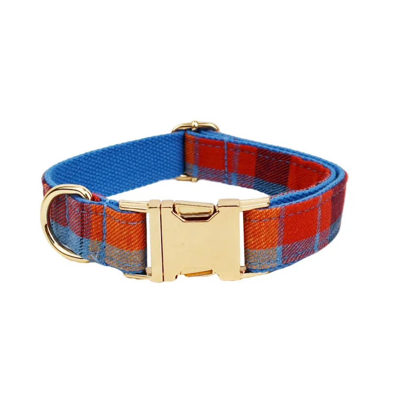 Dog wearing four-piece gentleman fashion set with collar, leash, bow tie and vest in cloth material