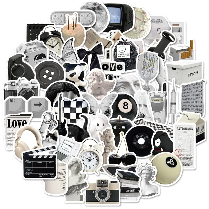 61-piece pack of black and white PVC waterproof decorative stickers laid flat.