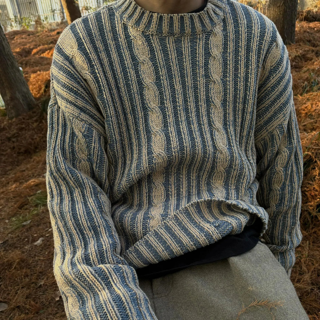 Blue men's cotton round neck casual sweater with contrast stripes in loose fit