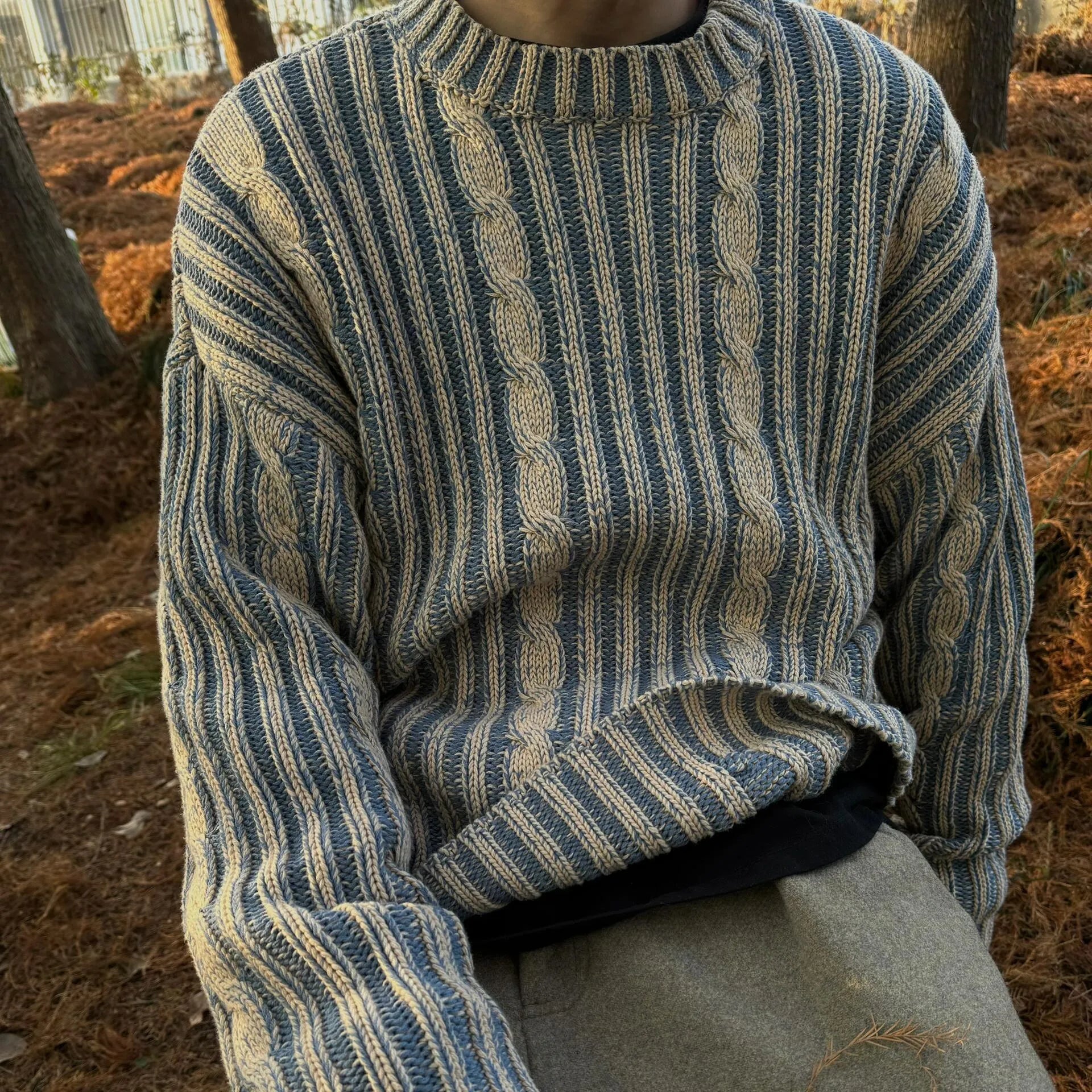 Blue men's cotton round neck casual sweater with contrast stripes in loose fit