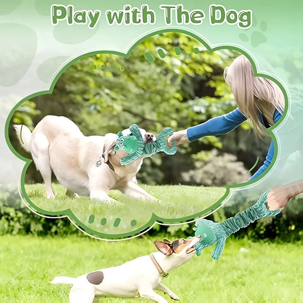 Large plush squeaky dog toy in hippo design with handle for tug-of-war.