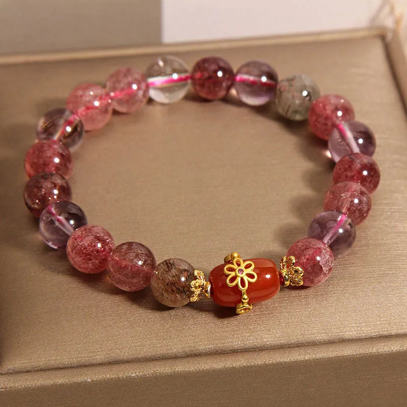 Natural Super Seven crystal bracelet with white crystal and red agate stones in cartoon style