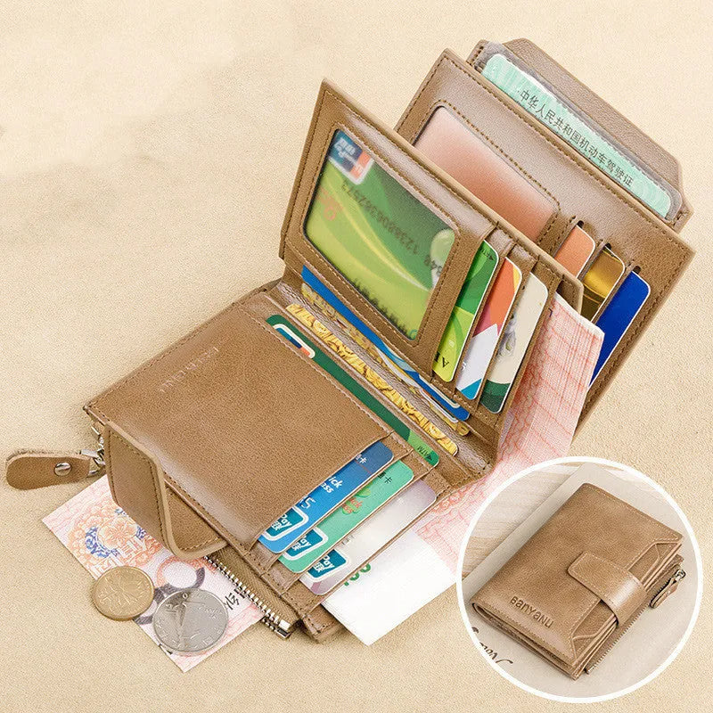 Vintage men's genuine leather oil wax short wallet with anti-theft RFID protection in brown two-fold style