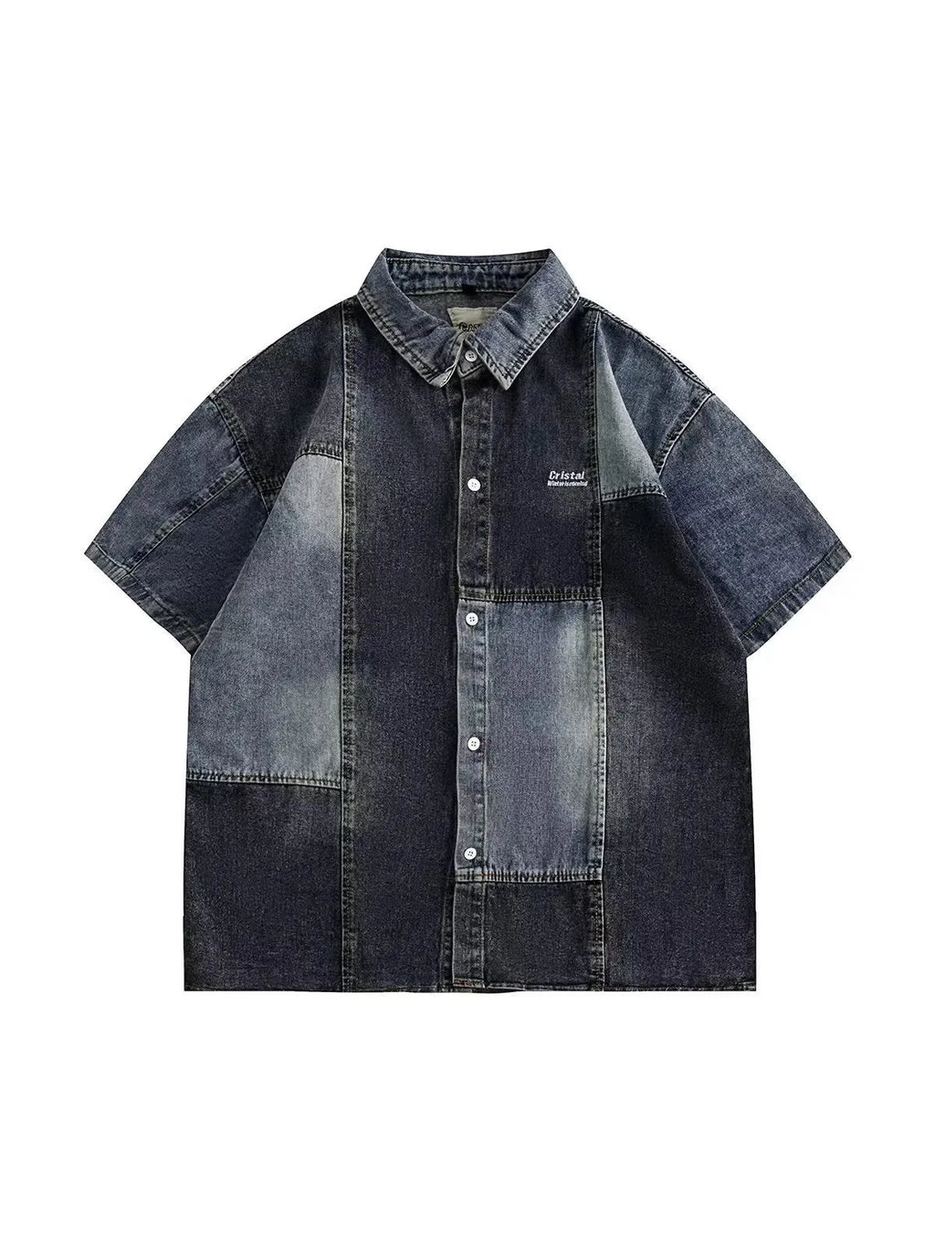 Blue Japanese-style retro denim shirt for men with loose cardigan fit and stitching detail