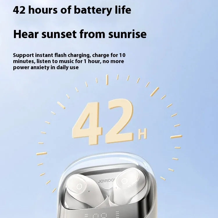 Dawn White wireless noise-cancelling earbuds in a compact charging case with USB-C cable.