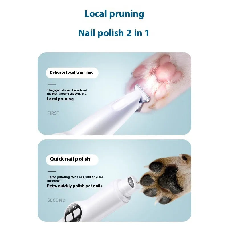White two-in-one rechargeable pet foot and nail trimmer with Type-C cable, maintenance oil, cleaning brush and grinding head