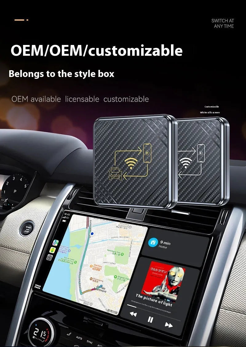 Wireless CarPlay and Android Auto adapter in ABS plastic housing with USB-A connector