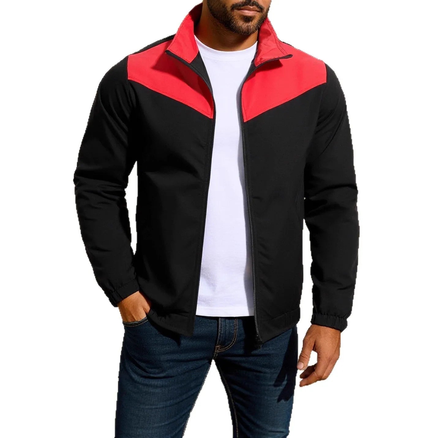 Man wearing a green windproof jacket with a high collar and front zip.