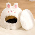 Semi-enclosed plush cat tent kennel with removable cushion in animal design