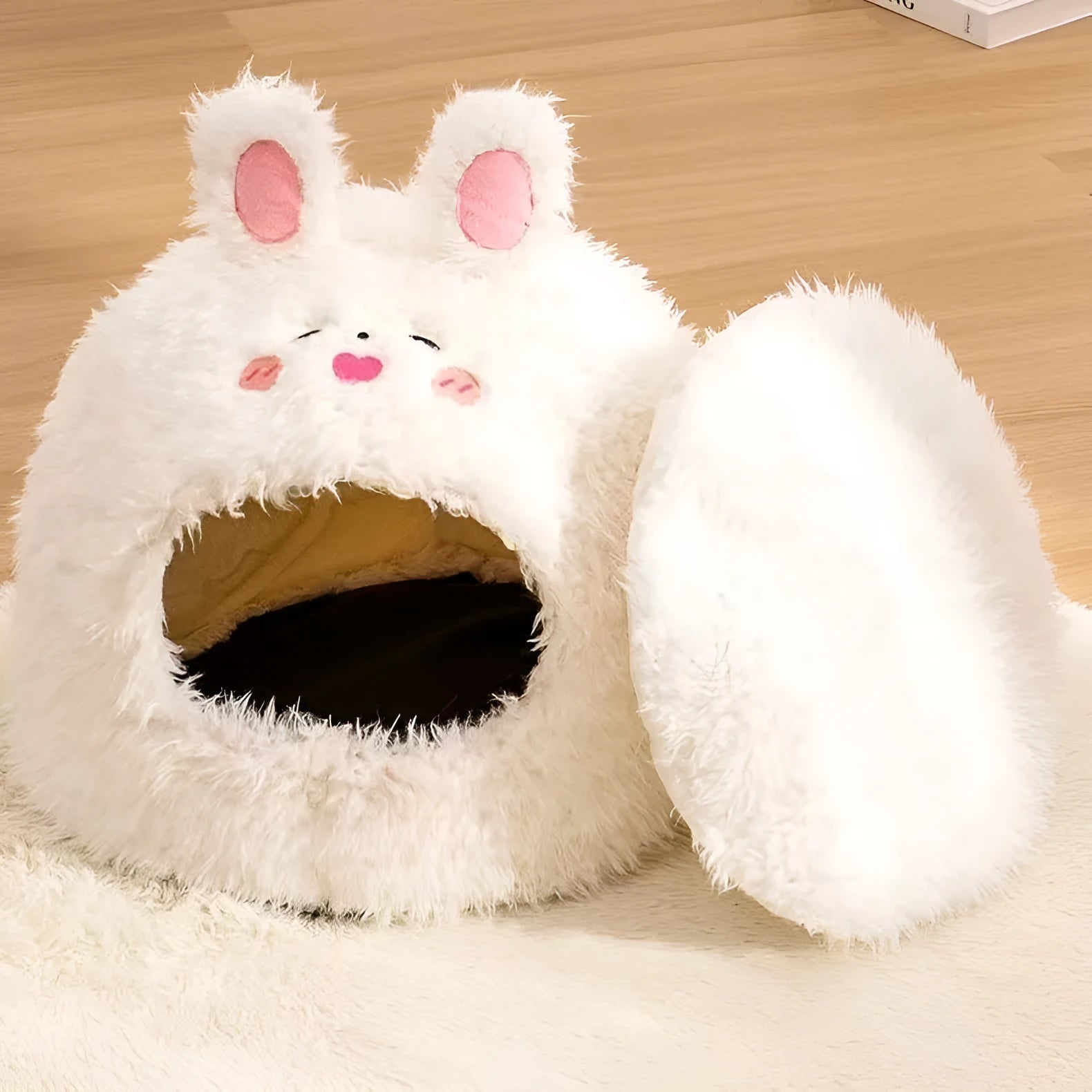 Semi-enclosed plush cat tent kennel with removable cushion in animal design