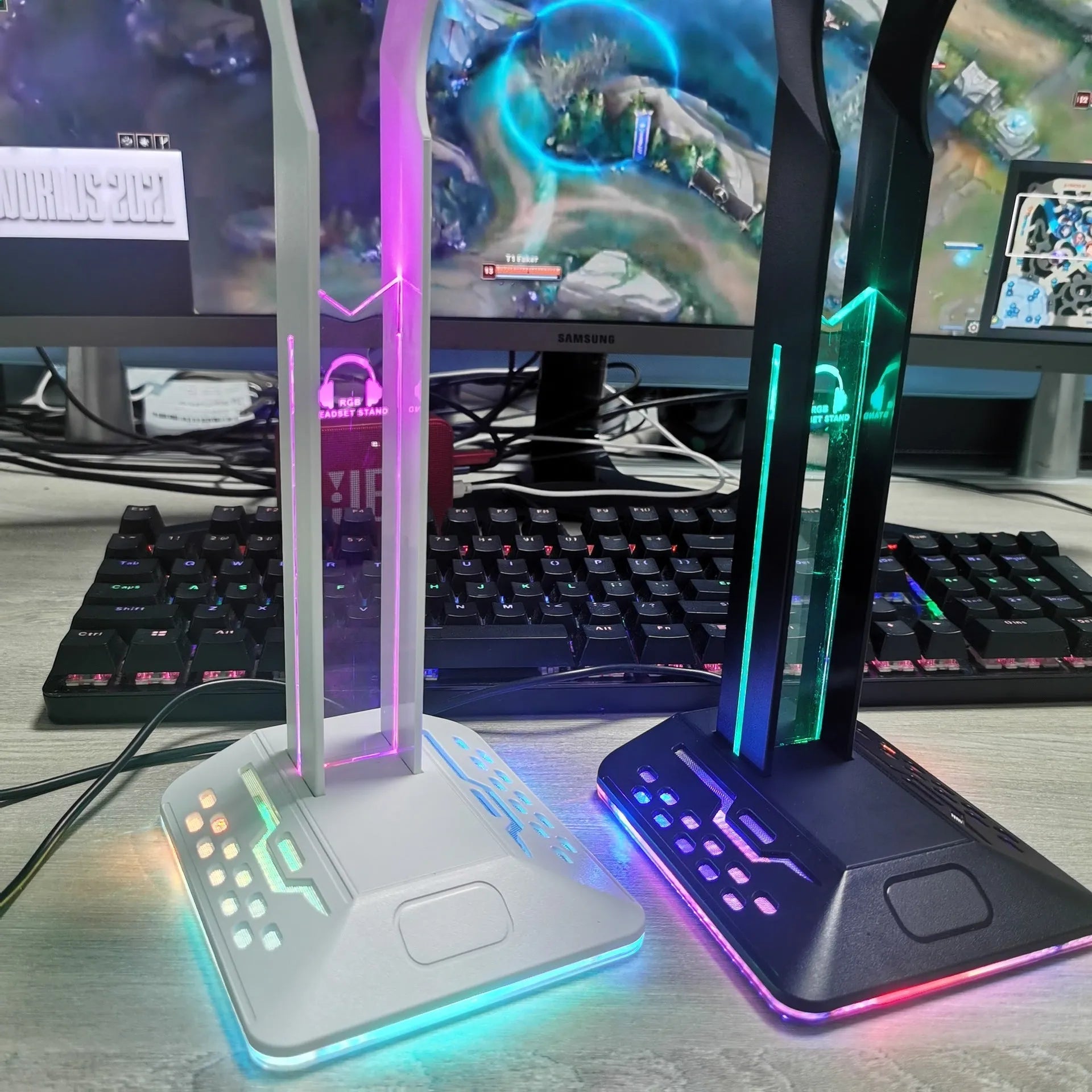 RGB colour changing headset bracket with USB ports displaying headphones