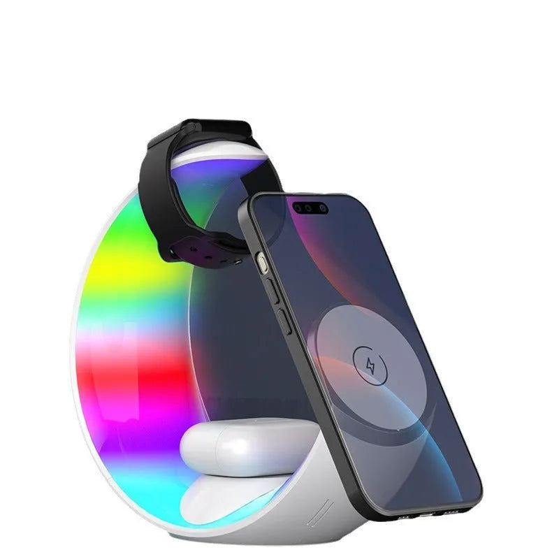 White wireless ambience light charger with Type-C connection showing bedside placement