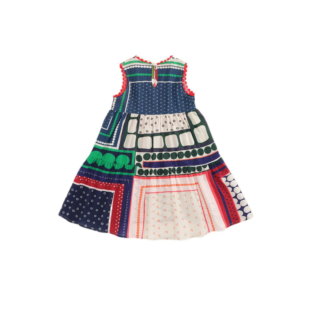 Girls sleeveless cotton dress with abstract colour contrast patchwork in skirt colour, suitable height 90cm to 140cm