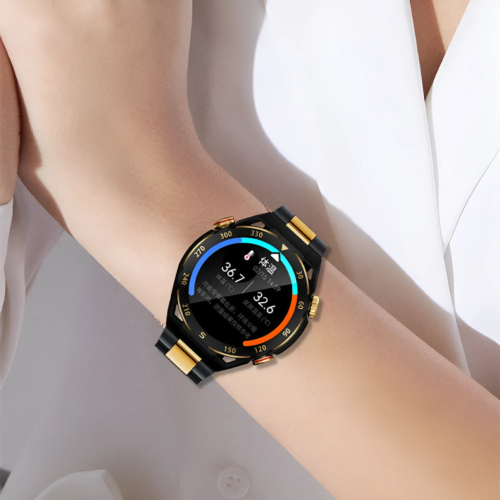 WS10 smart watch with black strap and AMOLED screen showing heart rate monitoring interface