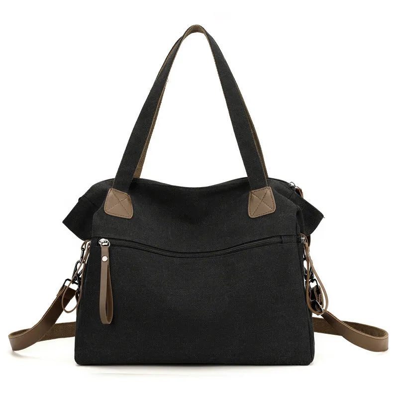 Women's retro canvas tote bag in horizontal square shape with multiple internal compartments