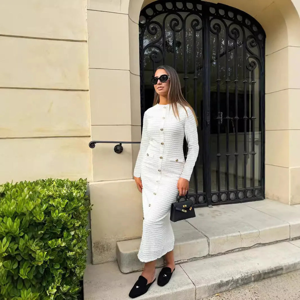 French retro slim fit knitted long-sleeved dress with button detailing and one-step skirt