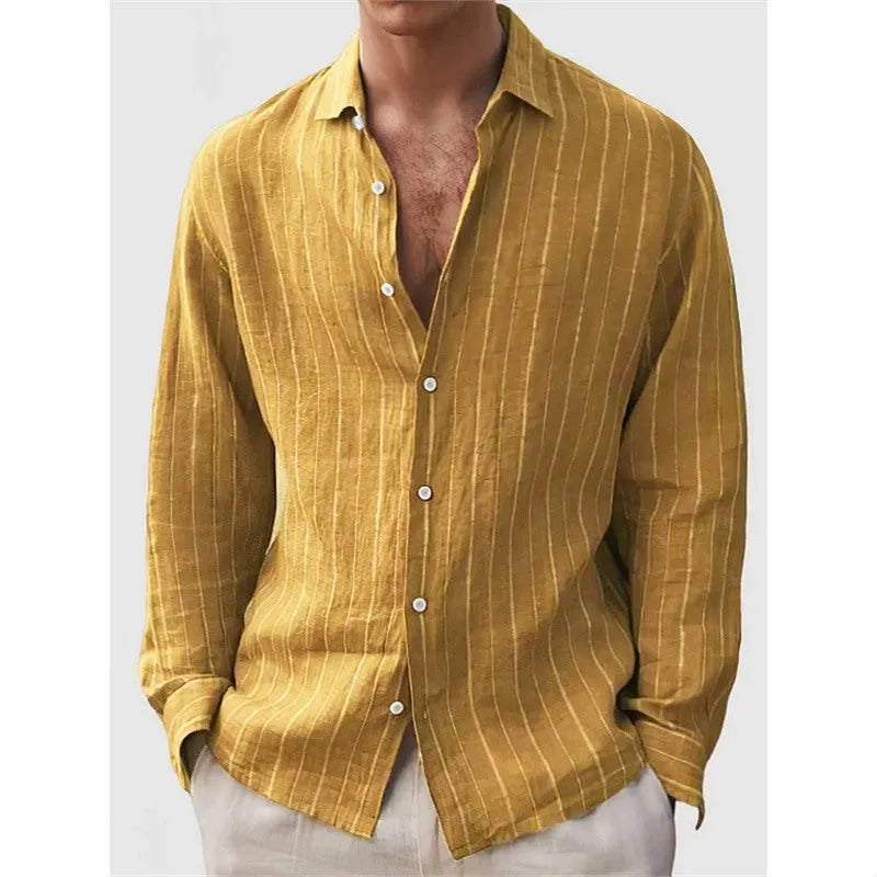 Men's long sleeve striped polyester shirt in loose fit cardigan style available in multiple colours and sizes XS to 5XL